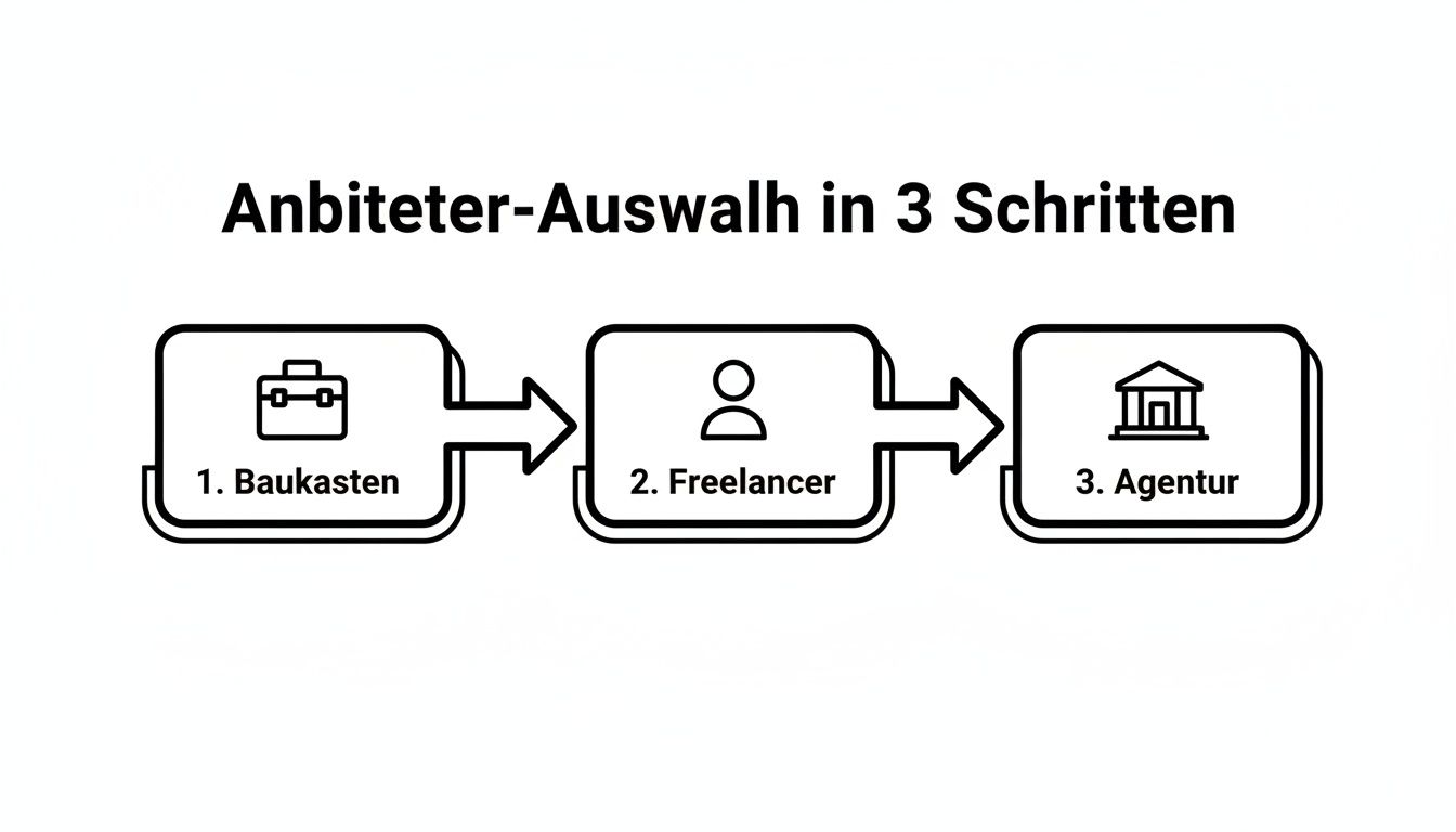 Schema zur Anbieter-Auswahl in drei Schritten: Baukasten, Freelancer und Agentur mit entsprechenden Symbolen.