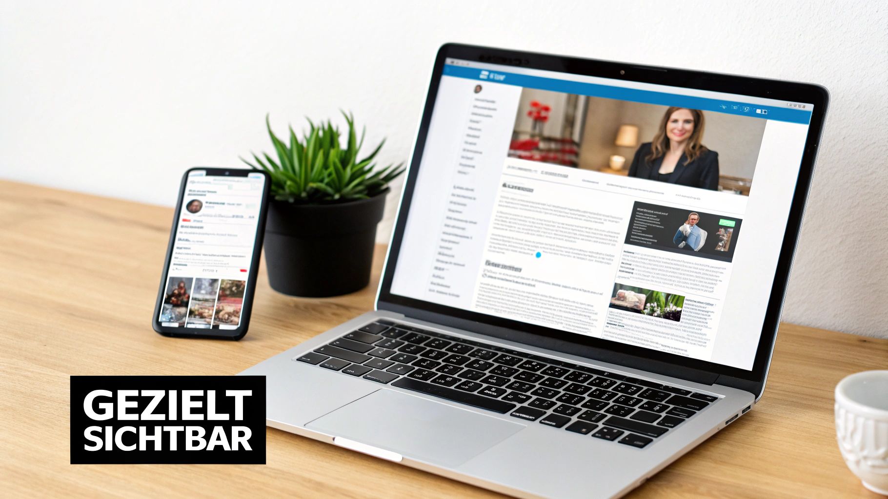 Laptop und Smartphone auf einem Holzschreibtisch mit Pflanze, Bildschirme zeigen digitale Profile für Online-Sichtbarkeit.