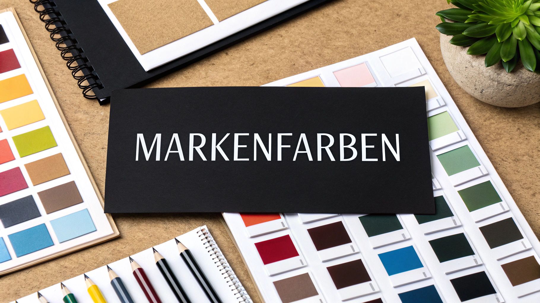Schwarze Karte mit der Aufschrift MARKENFARBEN, umgeben von Farbfächern, Notizbüchern und Stiften auf einem Holztisch.