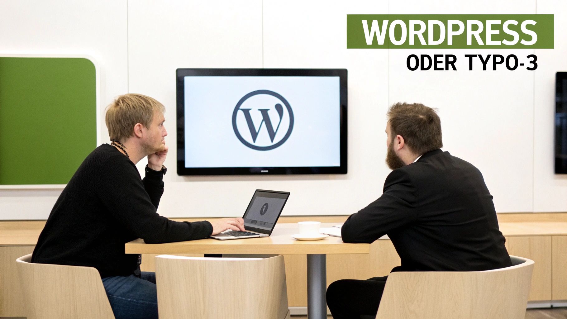 Zwei Männer besprechen WordPress und TYPO3, mit dem WordPress-Logo auf einem Bildschirm und einem Laptop auf dem Tisch.