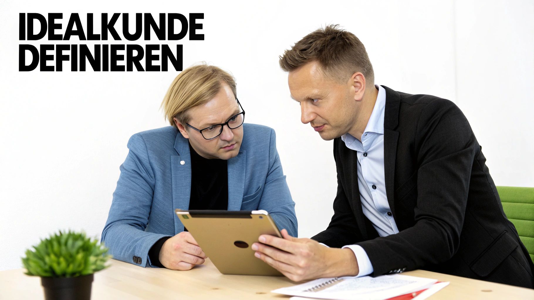 Zwei Männer besprechen die Definition des Idealkunden und nutzen ein Tablet für die Analyse.