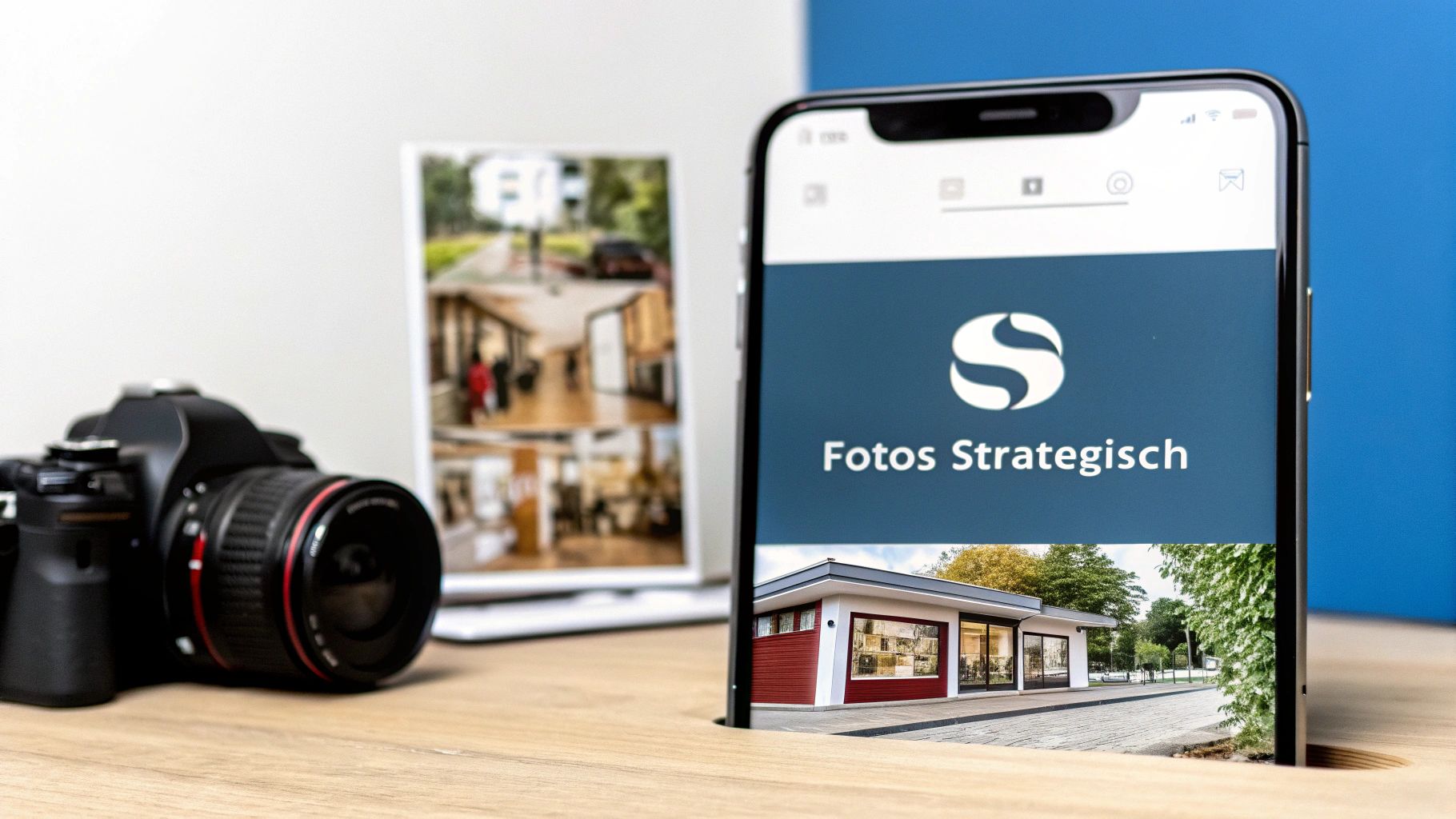 Eine Spiegelreflexkamera und ein Smartphone auf einem Holztisch, das die Website 'Fotos Strategisch' mit einem modernen Gebäude anzeigt.