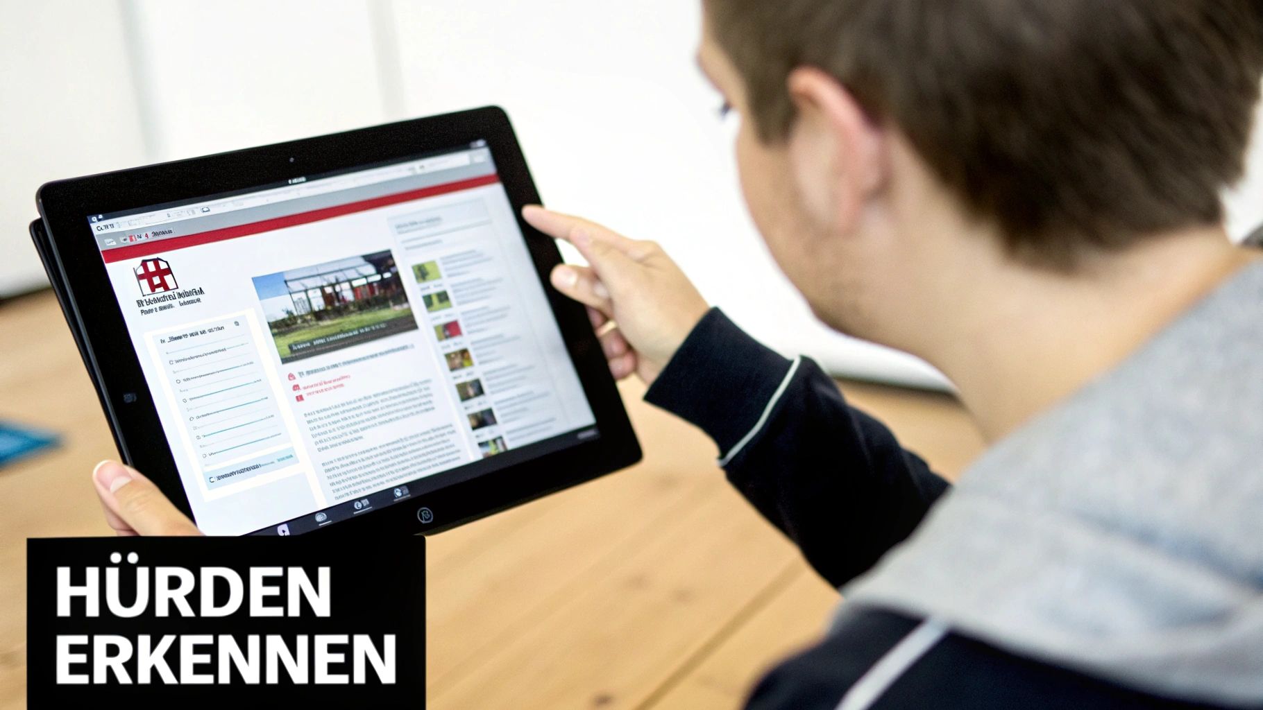 Junge Person identifiziert Hindernisse auf einer Website, indem sie ein Tablet verwendet und den Bildschirm berührt.