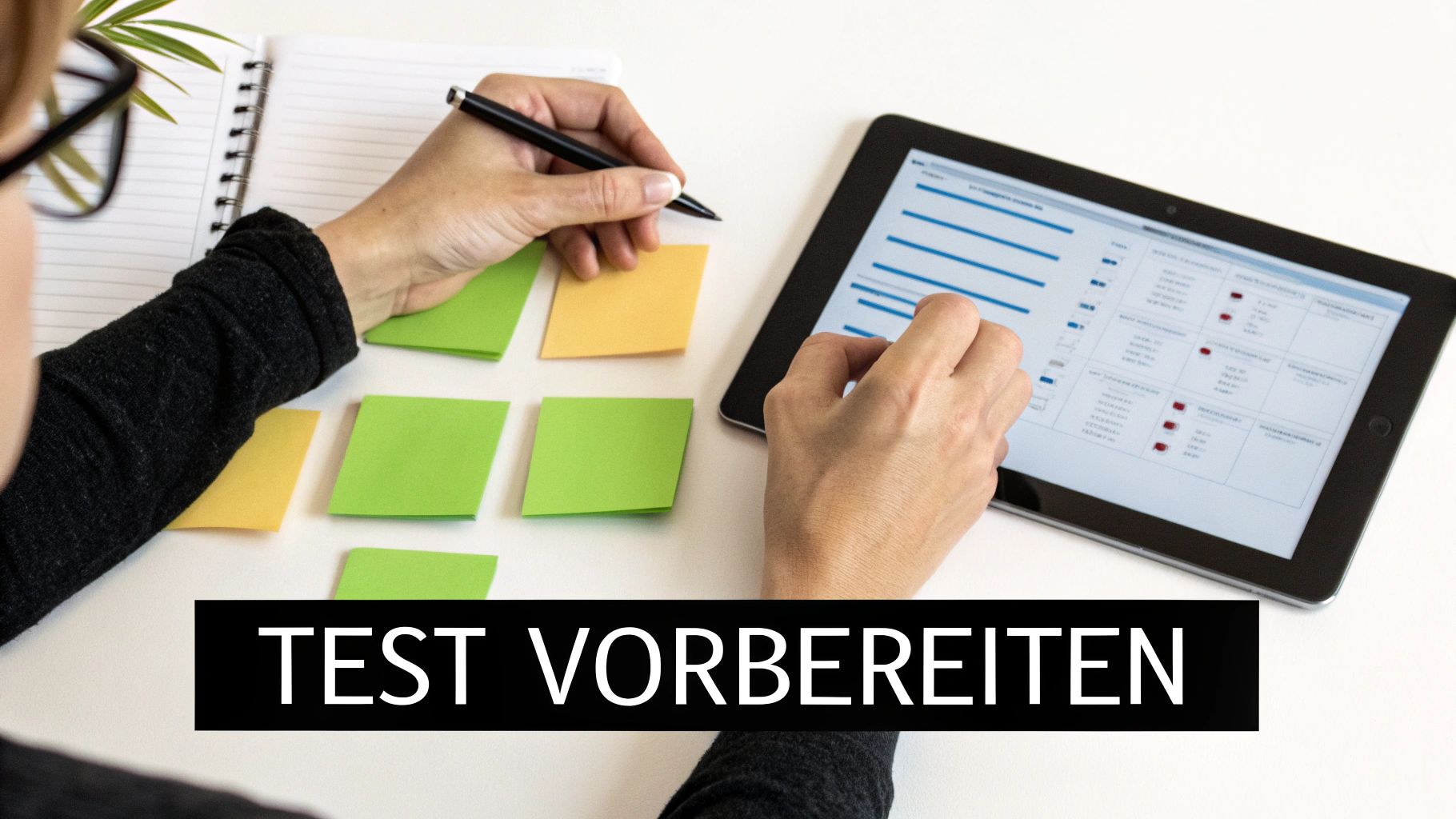 Eine Person bereitet einen Test vor, schreibt auf Notizzettel und nutzt ein Tablet für digitale Informationen.
