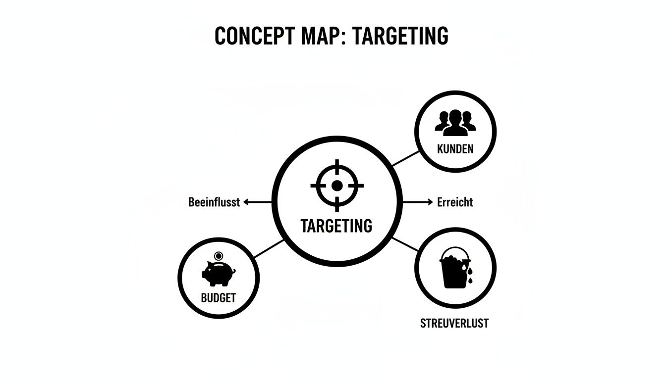 Konzeptkarte zum Targeting: Einfluss von Budget, erreicht Kunden, minimiert Streuverlust im Marketing.