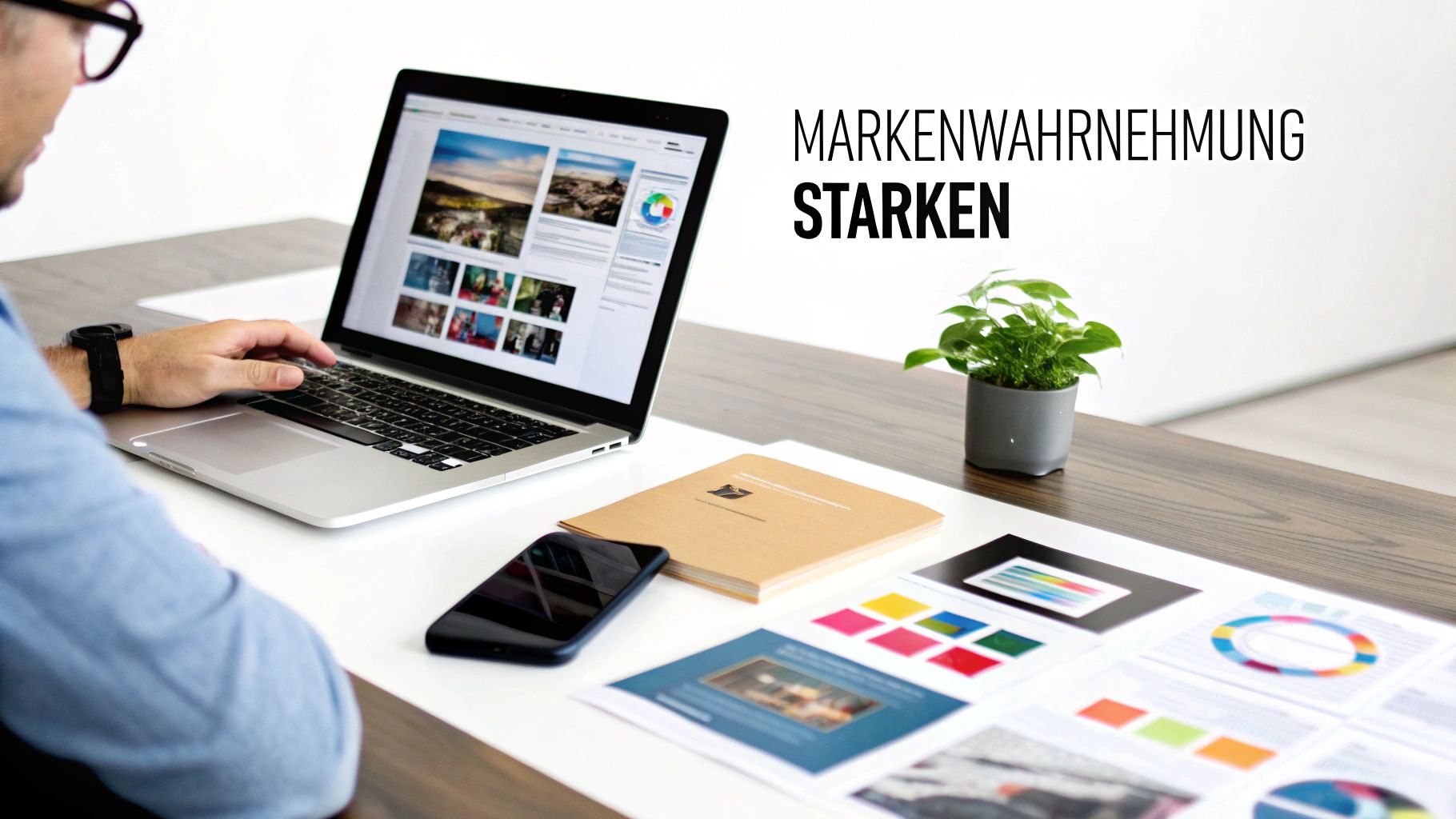 Eine Person arbeitet am Laptop, um die Markenwahrnehmung zu stärken, umgeben von Designunterlagen und einem Smartphone.