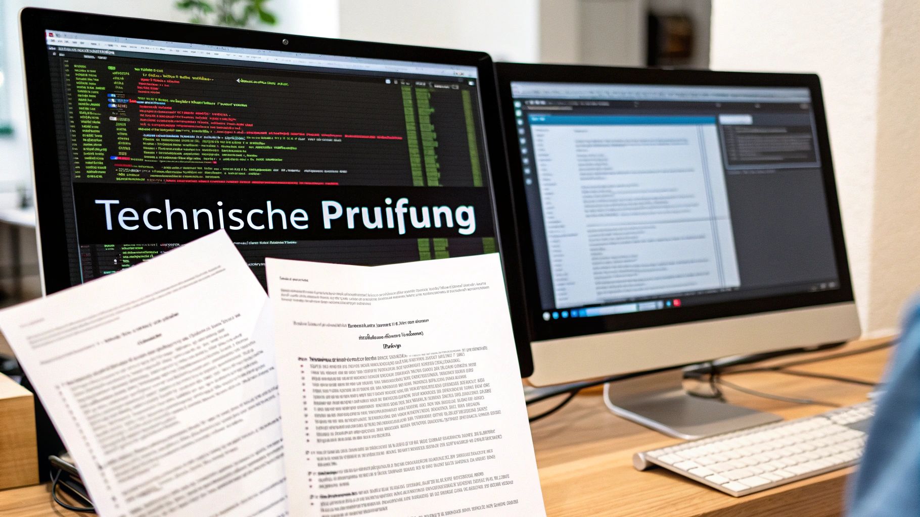 Zwei Monitore zeigen Code und Text, während Papiere mit schriftlichen Informationen auf einem Schreibtisch liegen, wahrscheinlich für eine technische Prüfung.