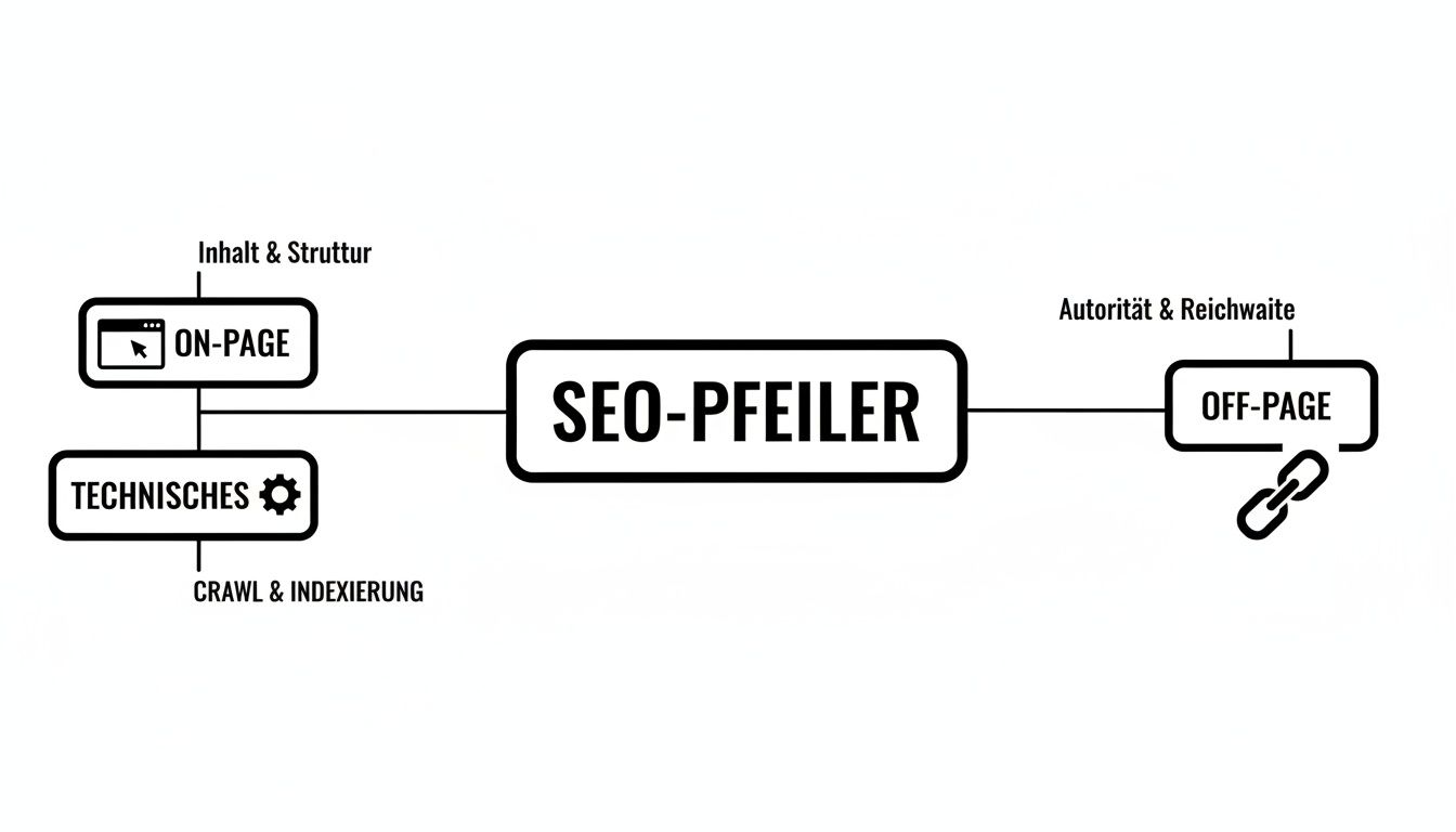 Flussdiagramm der SEO-Pfeiler: On-Page (Inhalt, Technik, Crawling) und Off-Page (Autorität, Reichweite).