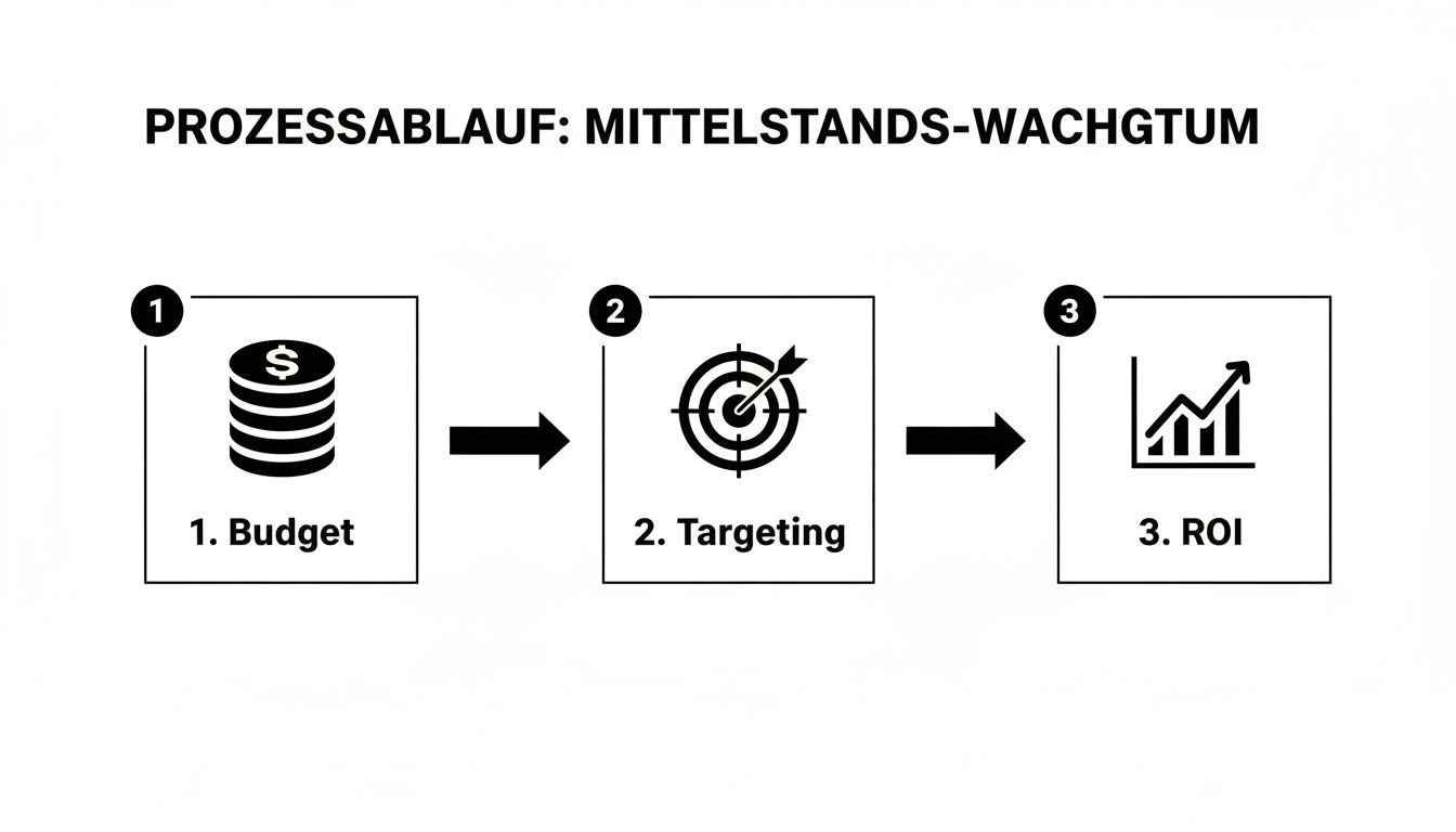 Prozessablauf für Mittelstands-Wachstum: Schritte 1. Budget, 2. Targeting und 3. ROI, verbunden durch Pfeile.