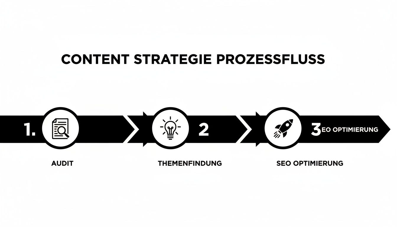 Der Content Strategie Prozessfluss wird in drei Schritten dargestellt: Audit, Themenfindung und SEO Optimierung mit entsprechenden Symbolen.