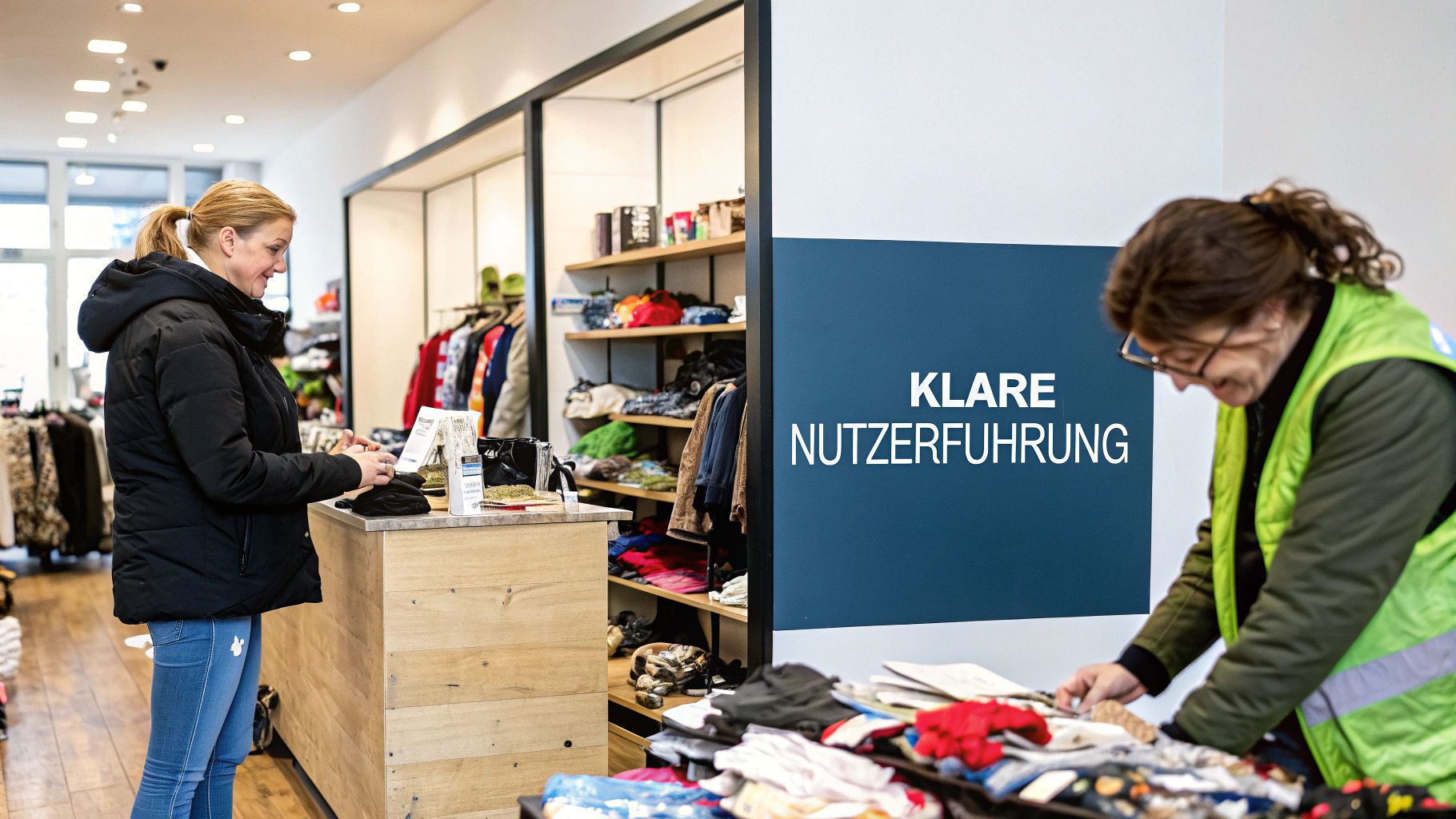 Zwei Frauen in einem Geschäft: Eine am Tresen, die andere sortiert Kleidung. Schild: 'Klare Nutzerführung'.