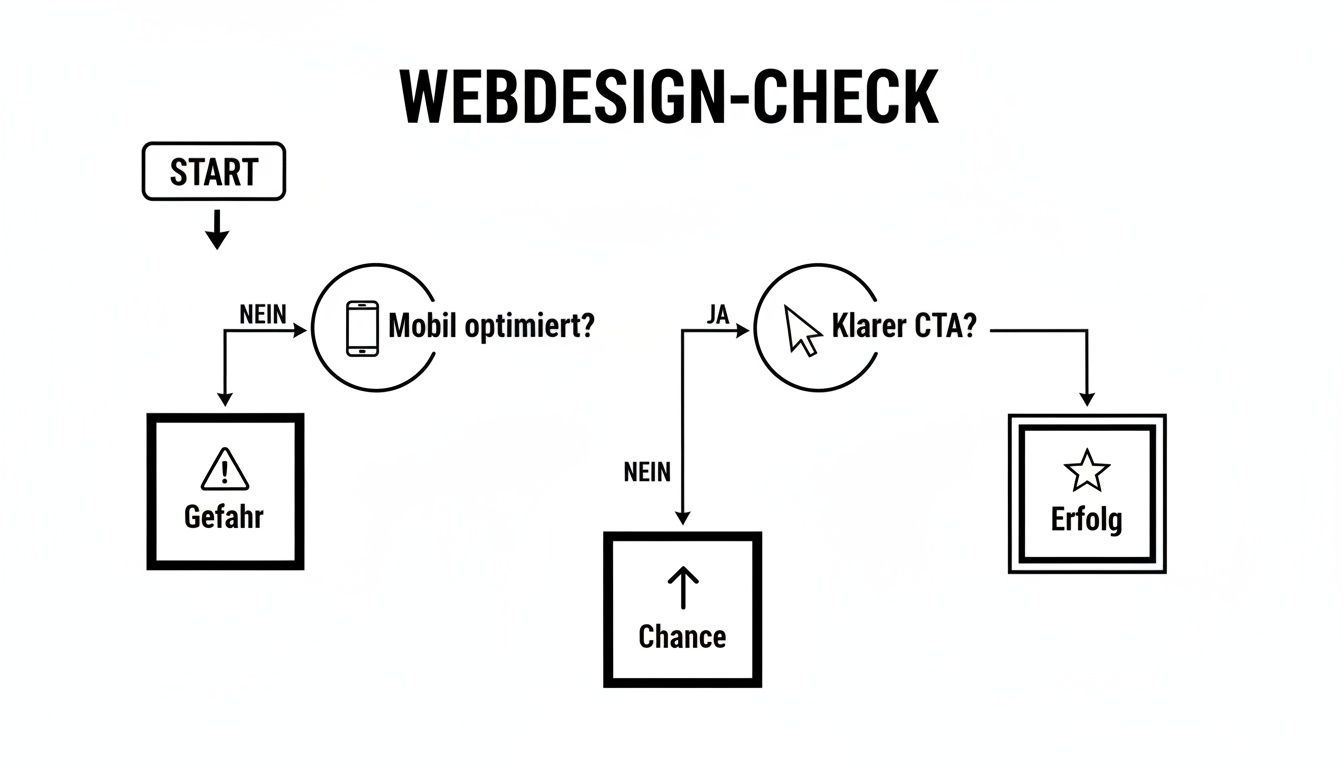 Ein Webdesign-Check-Flussdiagramm: Prüft Mobiloptimierung und klare CTAs, führt zu Gefahr, Chance oder Erfolg.