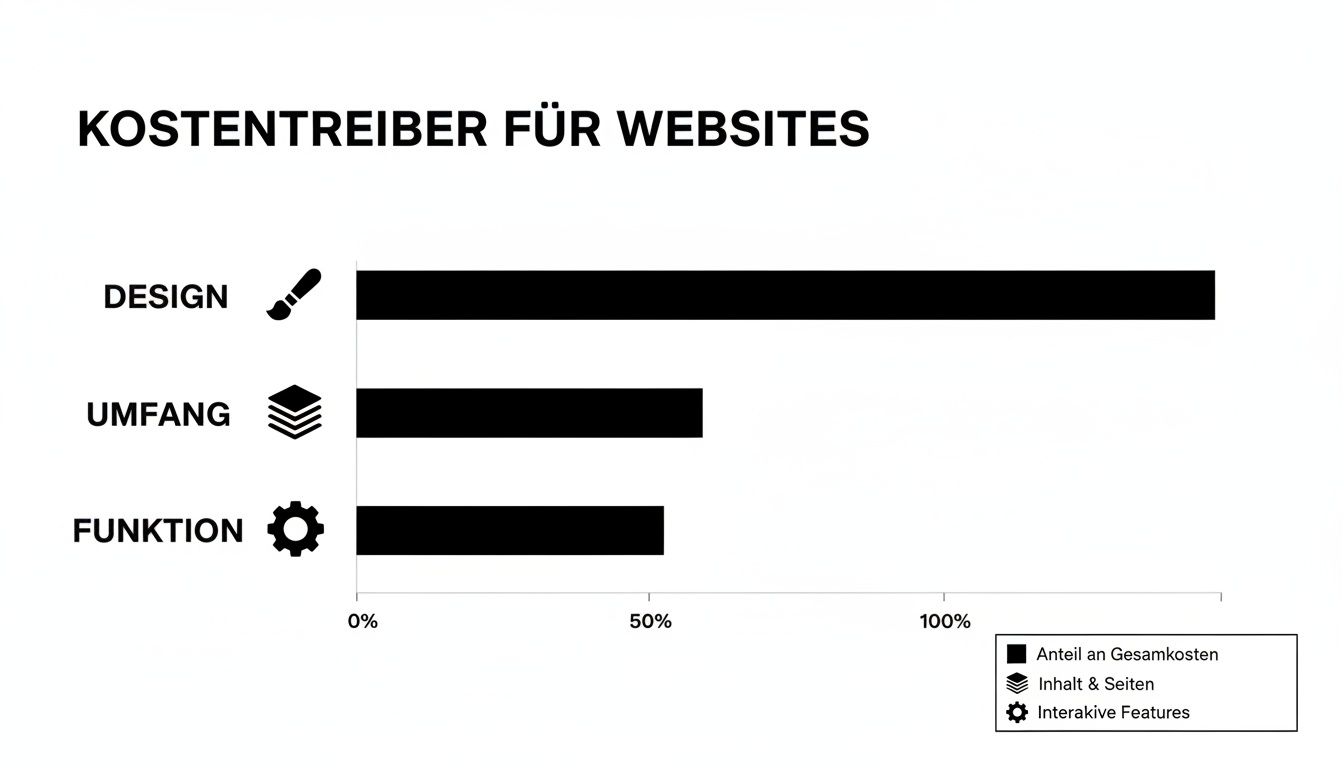 Balkendiagramm über die Kostentreiber für Websites, mit Design, Umfang und Funktionen als Hauptfaktoren.