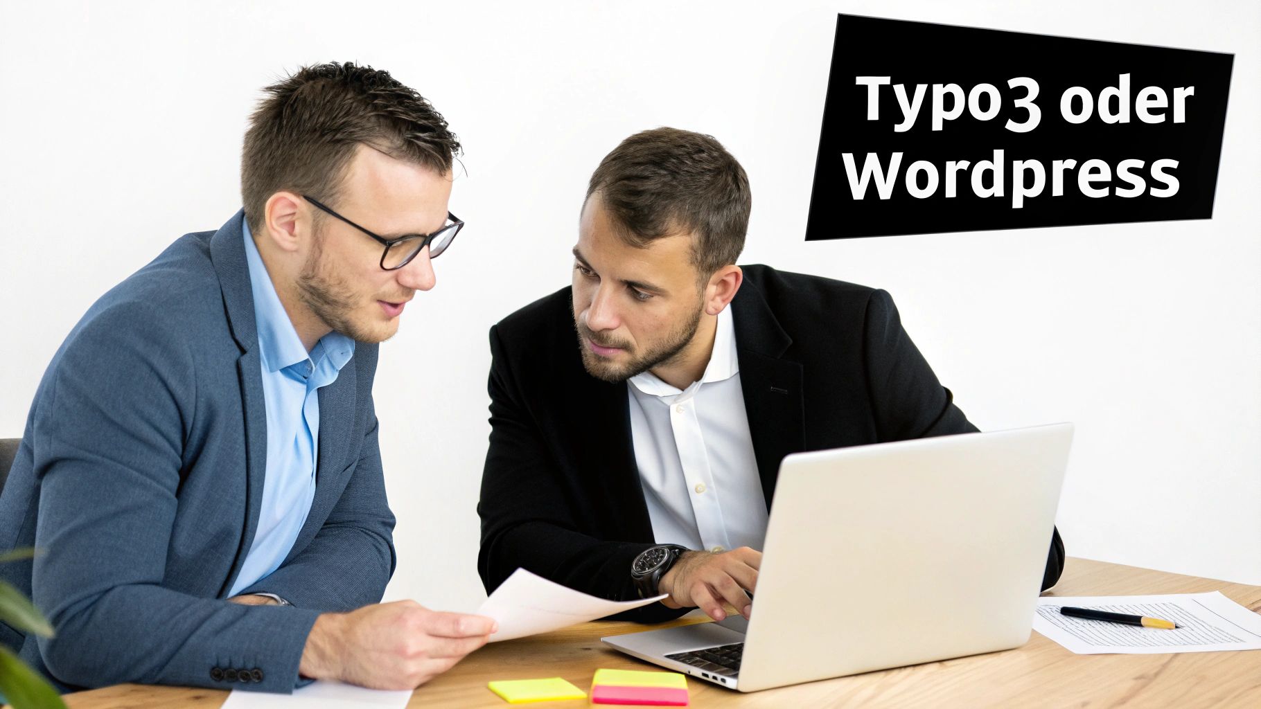 Zwei Geschäftsleute besprechen am Schreibtisch die Auswahl zwischen Typo3 und WordPress, während sie auf einen Laptop schauen.