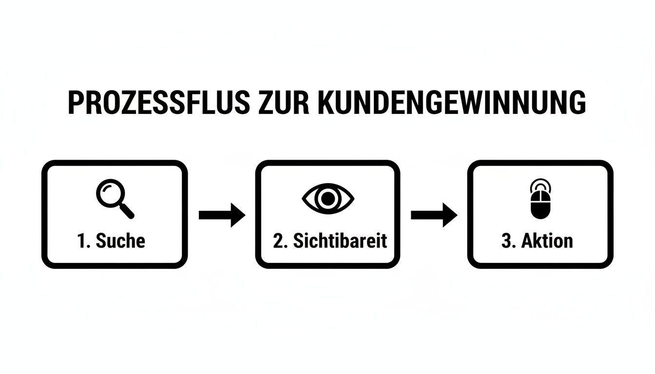 Flussdiagramm zum Prozess der Kundengewinnung: Suche, Sichtbarkeit und Aktion für neue Kunden.