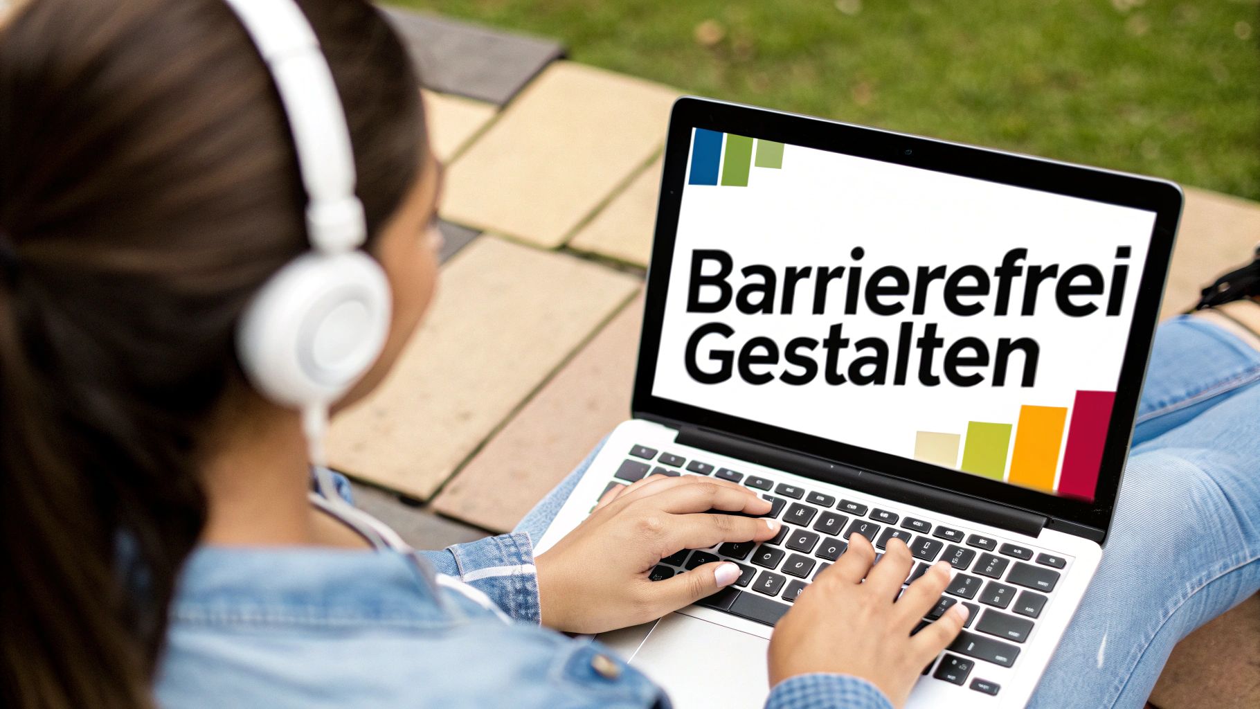 Eine Person mit Kopfhörern tippt auf einem Laptop, der „Barrierefrei Gestalten“ anzeigt.