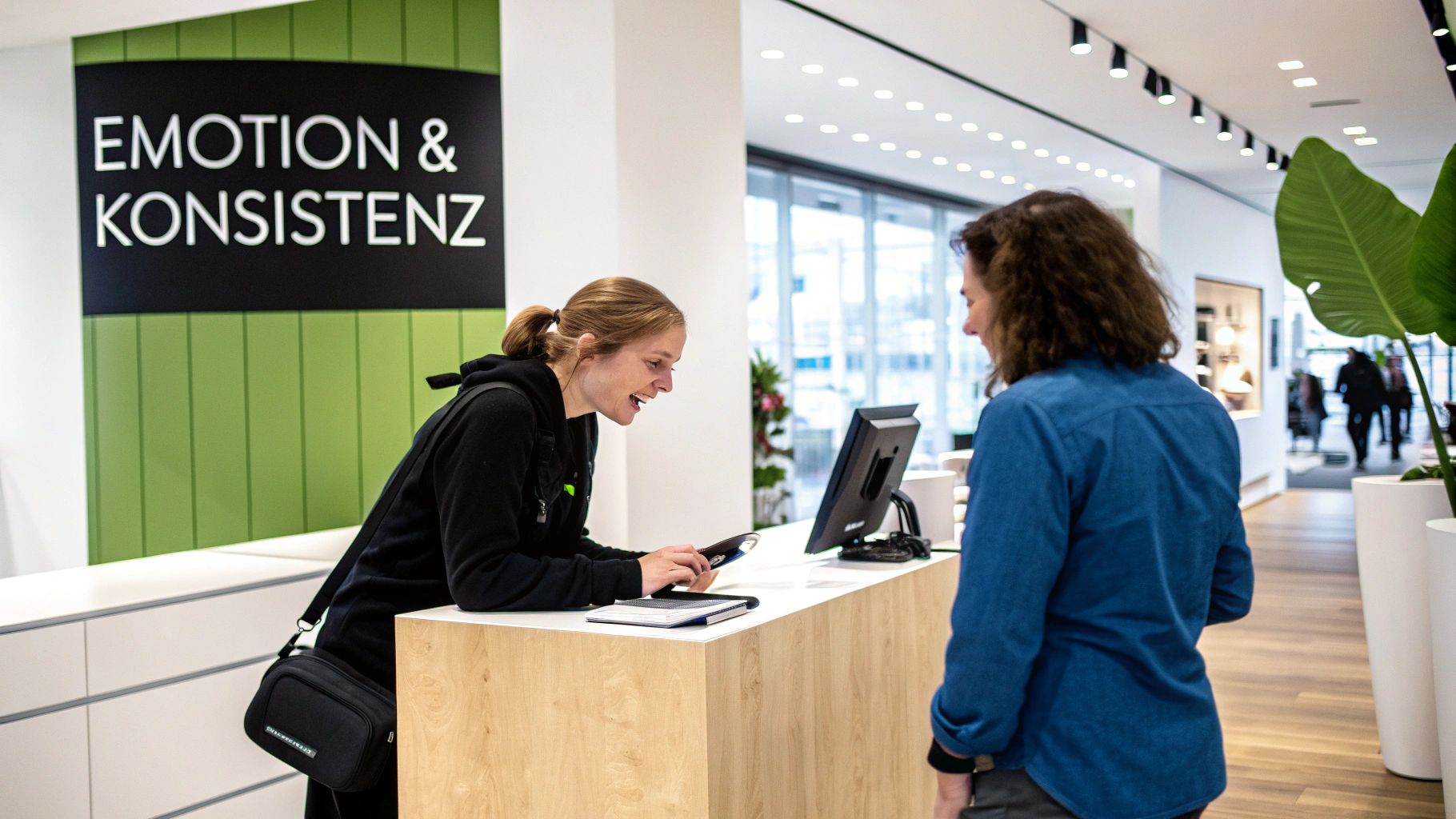 Zwei Personen an einem modernen Empfangstresen. Eine lächelnde Frau berät einen Kunden unter dem Schild "EMOTION & KONSISTENZ".