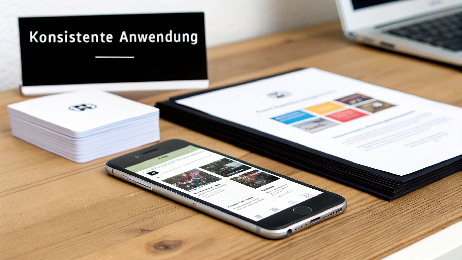 Schreibtisch mit Monitor, der 'Konsistente Anwendung' zeigt, Smartphone, Broschüre und Karten. Zeigt Corporate Design-Materialien.