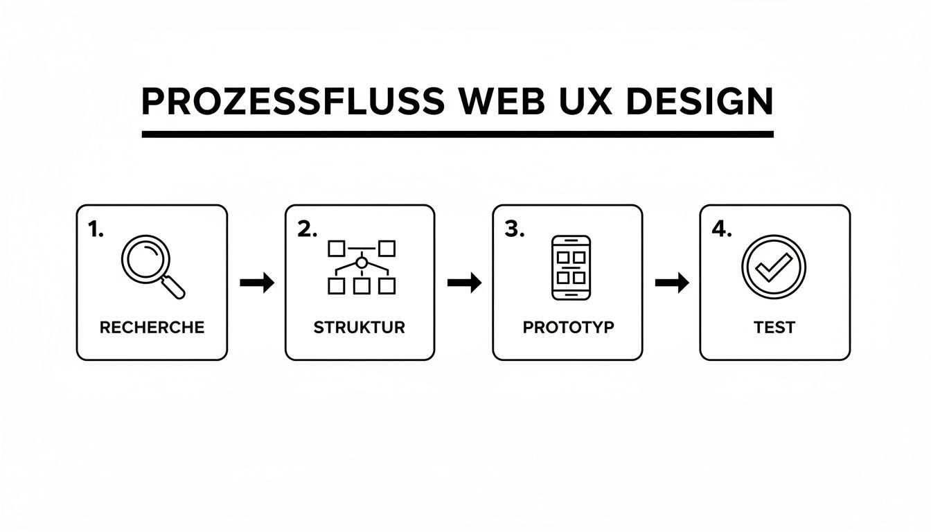 Ein vierstufiger Prozessfluss für Web UX Design, beginnend mit Recherche, über Struktur und Prototyp, bis zum abschließenden Test.
