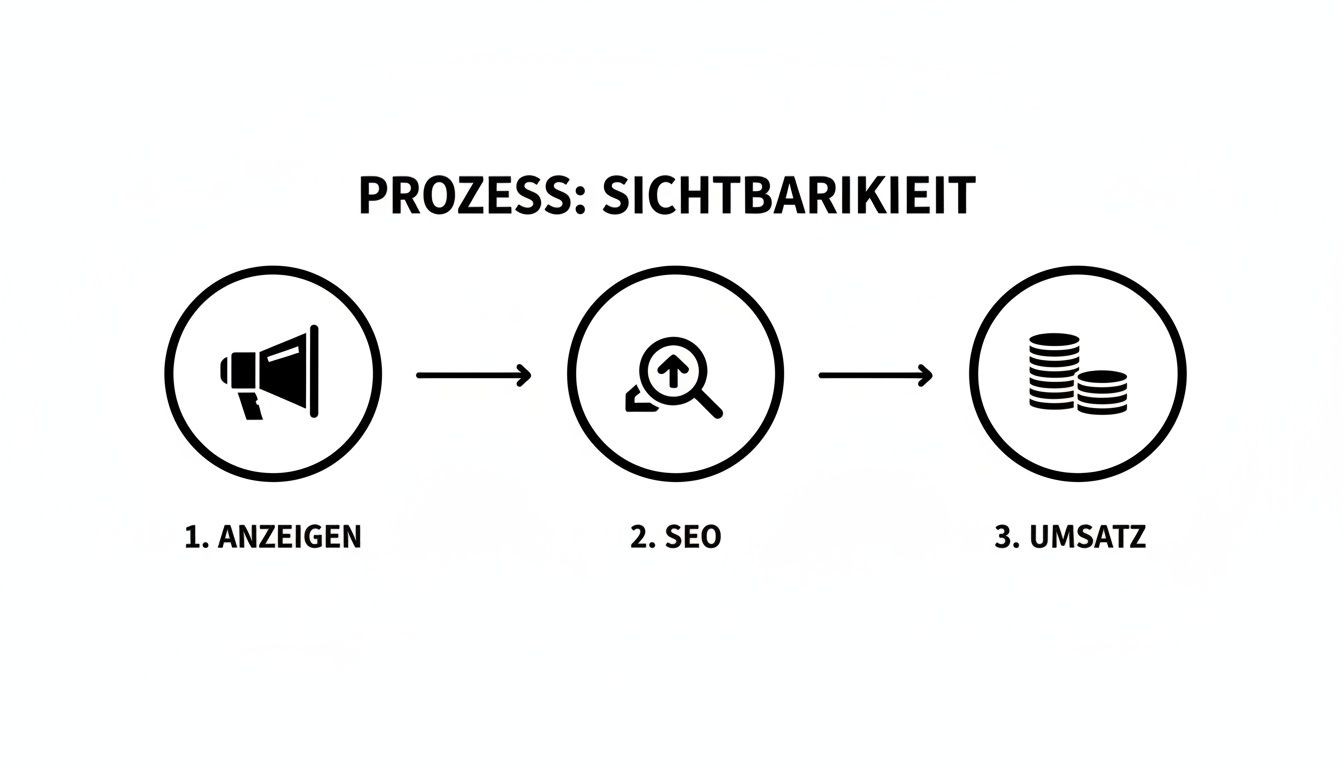 Ein Flussdiagramm zeigt den Prozess von Anzeigen und SEO zu Umsatz zur Steigerung der Sichtbarkeit.