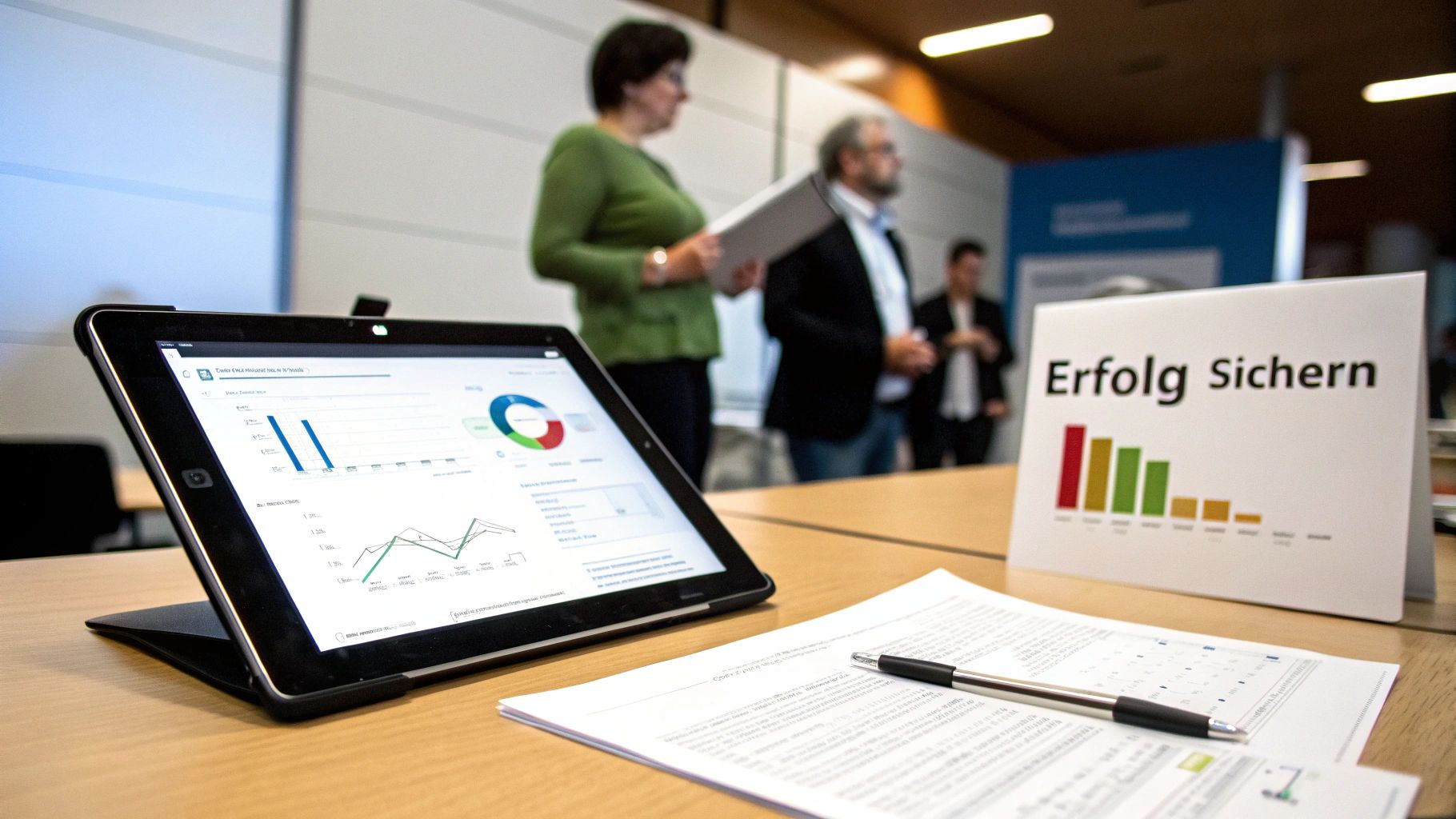 Tablet mit Analyse-Diagrammen, ein Schild mit "Erfolg Sichern" und Dokumente auf einem Konferenztisch bei einer Präsentation.