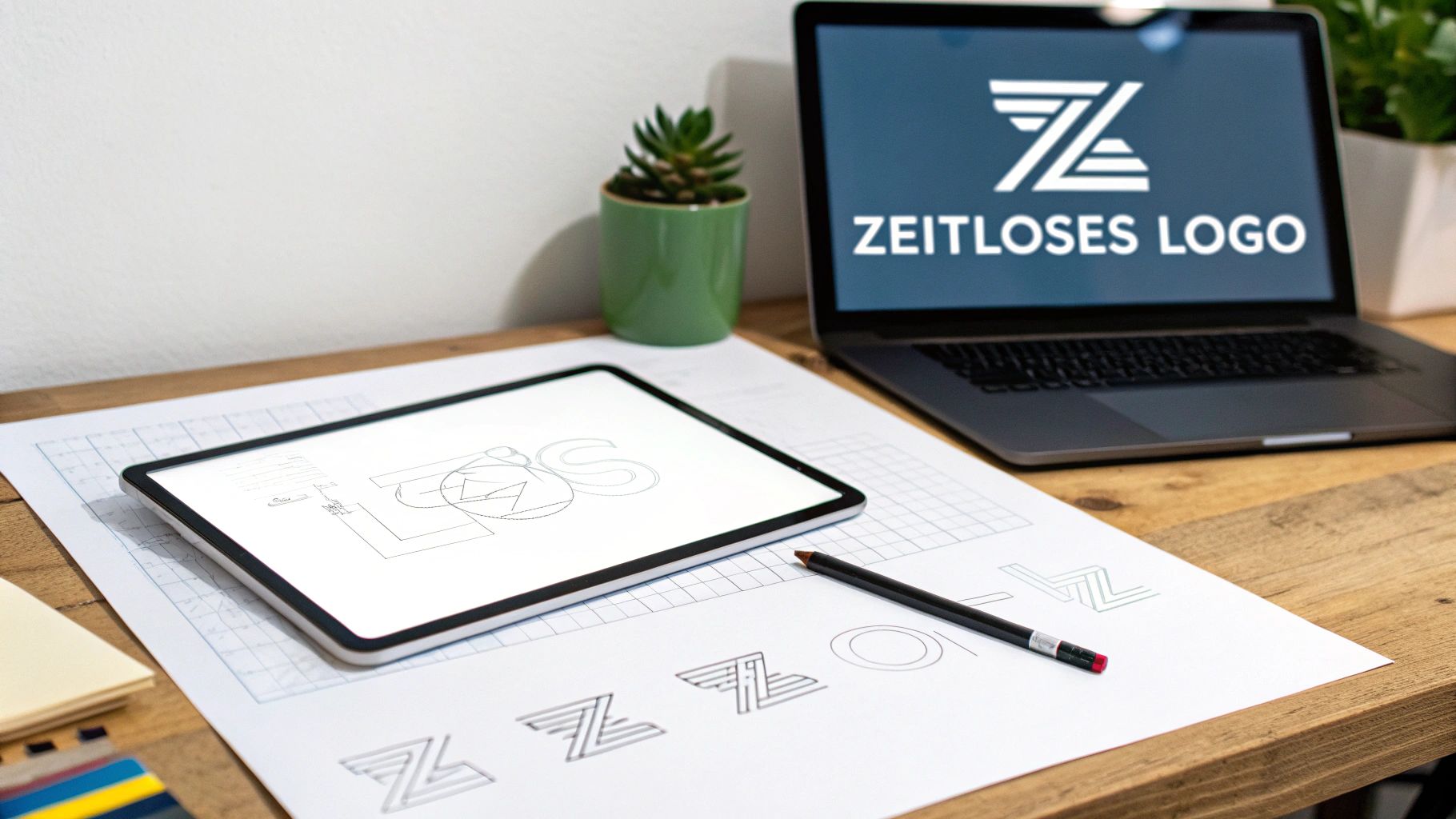 Ein Schreibtisch mit Laptop, Tablet, Stift und Papier, zeigt verschiedene Logo-Designs und den Titel 'Zeitloses Logo'.