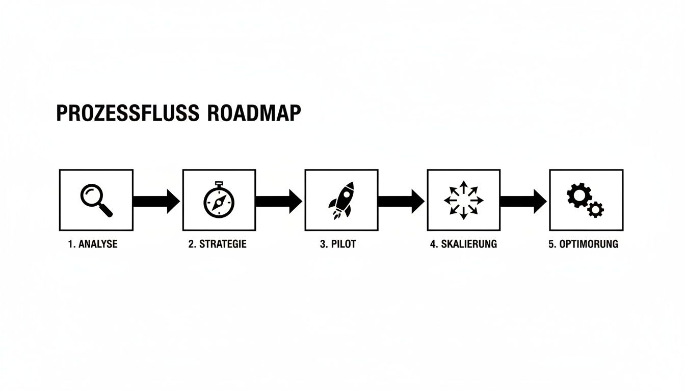 Ein Prozessfluss-Roadmap-Diagramm mit fünf Schritten: Analyse, Strategie, Pilot, Skalierung und Optimierung, verbunden durch Pfeile.