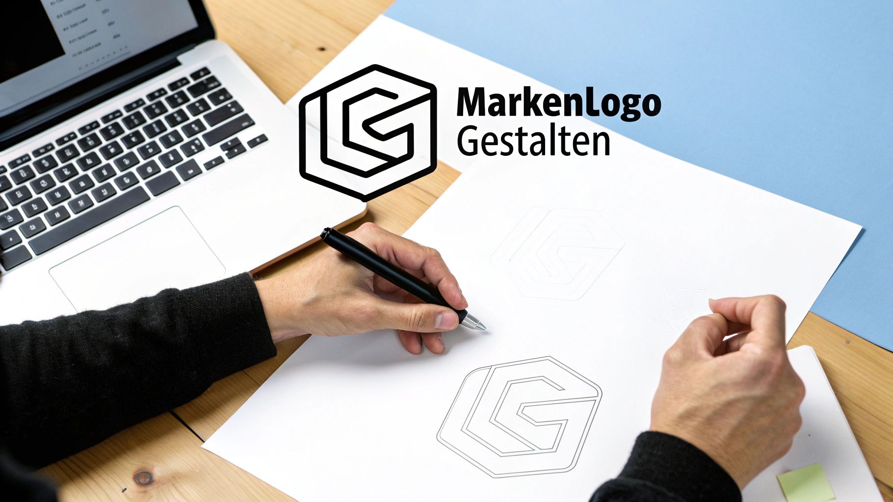 Hände zeichnen ein Markenlogo auf Papier, daneben ein Laptop und der Schriftzug 'MarkenLogo Gestalten'.