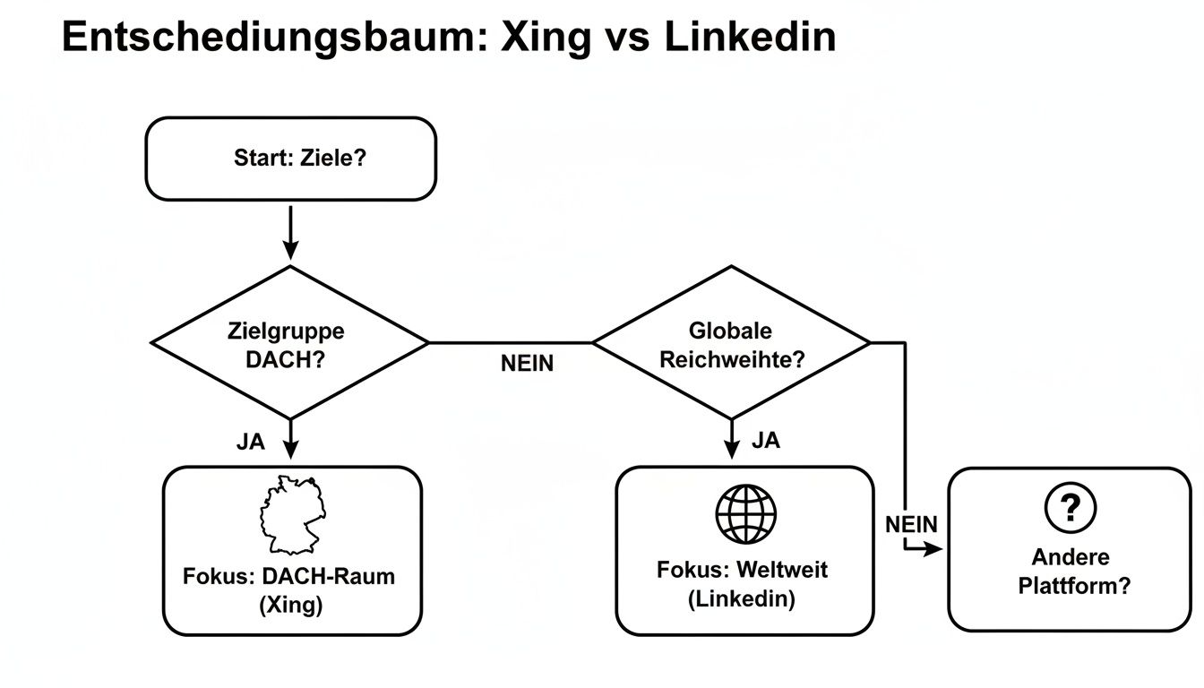 Entscheidungsbaum zum Vergleich von Xing und LinkedIn, basierend auf Zielgruppe (DACH) und globaler Reichweite für die Plattformauswahl.