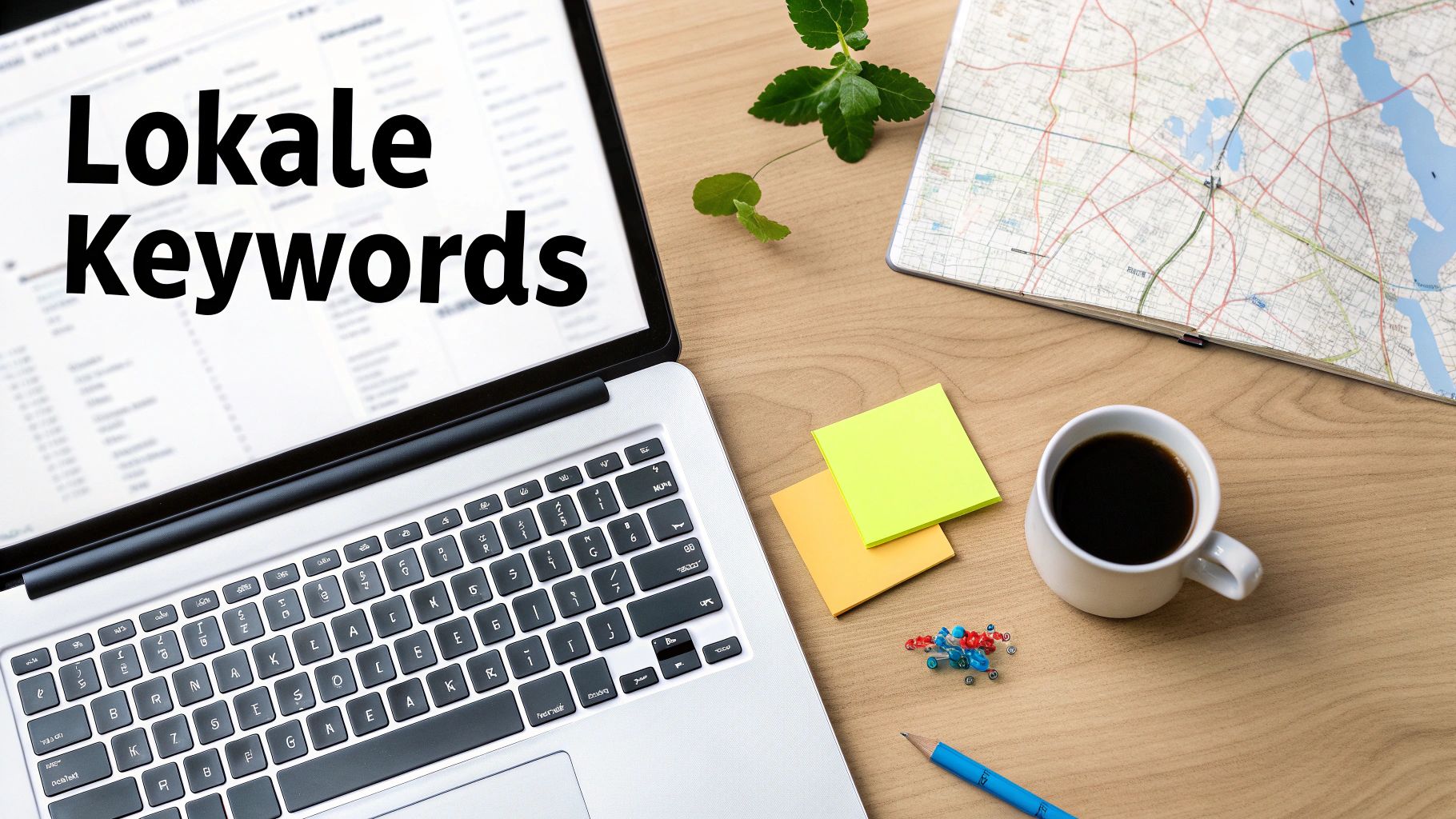 Laptop mit der Aufschrift 'Lokale Keywords', einer Karte und Kaffee auf einem Holzschreibtisch.