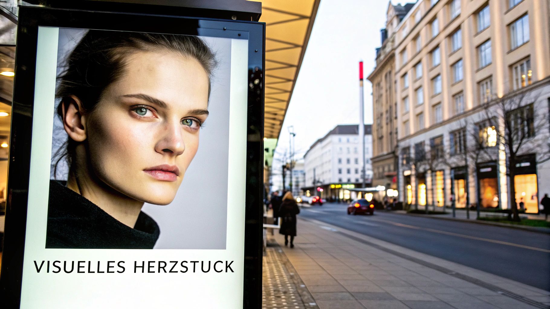 Nahaufnahme eines beleuchteten Werbeplakats mit dem Porträt einer Frau und der Aufschrift "VISUELLES HERZSTÜCK" auf einer belebten Stadtstraße.