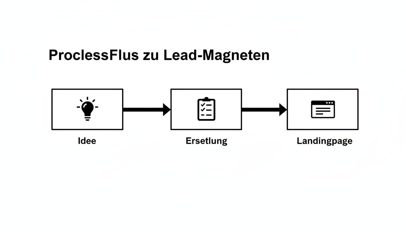Prozessfluss zur Erstellung von Lead-Magneten: Idee, Erstellung und Landingpage in drei Schritten.