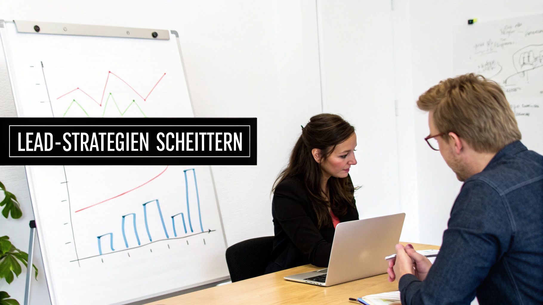 Zwei Personen arbeiten in einem Büro, ein Whiteboard mit Diagrammen ist sichtbar. Die Überschrift 'Lead-Strategien scheitern' ist prominent.