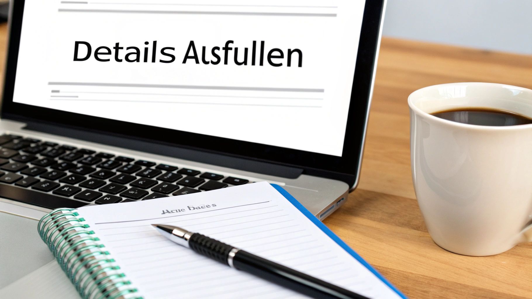 Laptop mit der Aufschrift „Details Ausfüllen“, daneben ein Notizbuch, Stift und eine Kaffeetasse auf einem Holztisch.