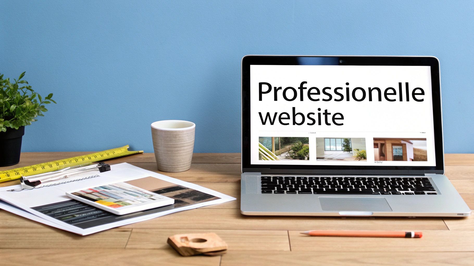 Arbeitsplatz mit Laptop, der eine professionelle Website anzeigt, umgeben von Büroartikeln wie Messband und Papieren auf einem Holztisch.