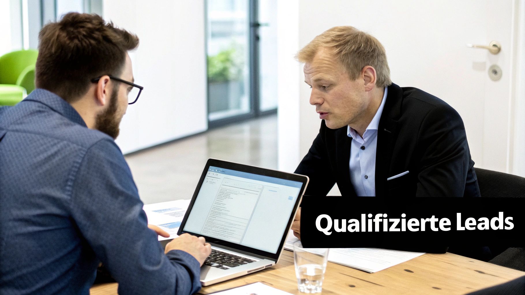 Zwei Männer besprechen am Laptop 'Qualifizierte Leads', einer tippt, der andere schaut zu und spricht.