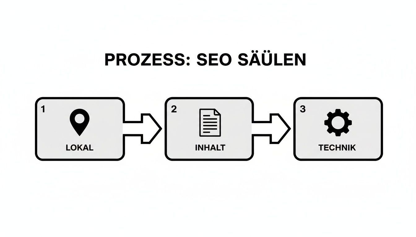 Eine Grafik zeigt den SEO-Prozess mit drei Säulen: 1. Lokal (Standort-Pin), 2. Inhalt (Dokument) und 3. Technik (Zahnrad).