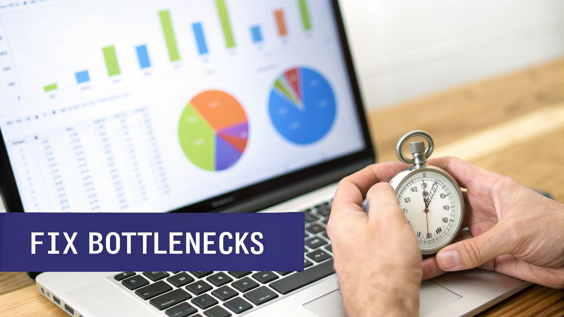 Hands holding a stopwatch over a laptop displaying data charts, emphasizing efficiency and fixing bottlenecks.