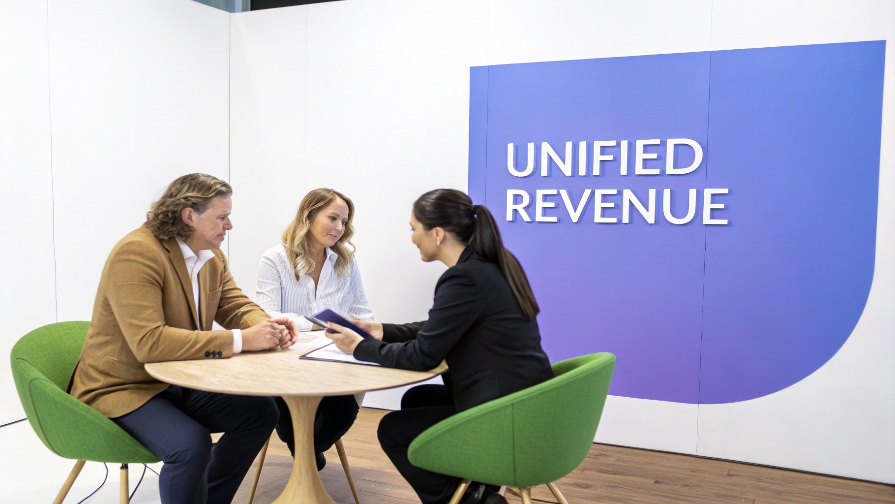 A team collaborating around a table, representing the unified approach of RevOps.