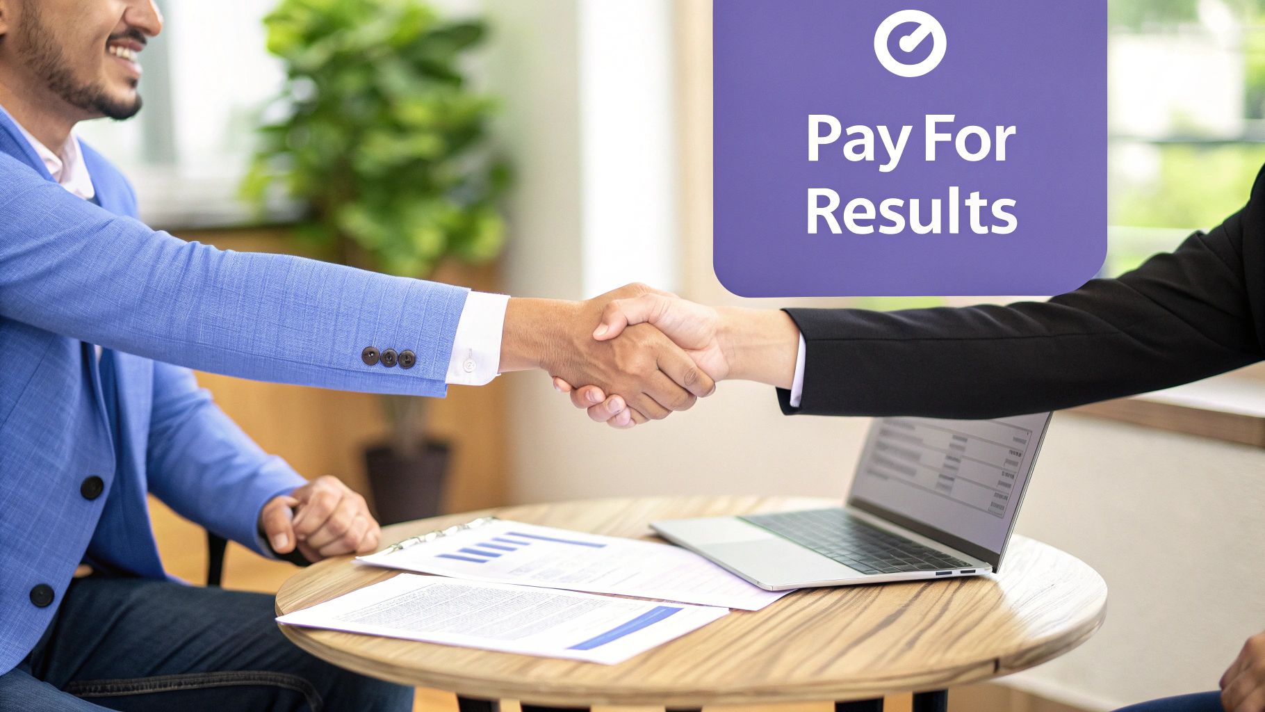 Two businessmen shaking hands across a table with documents and a laptop, with a "Pay For Results" overlay.