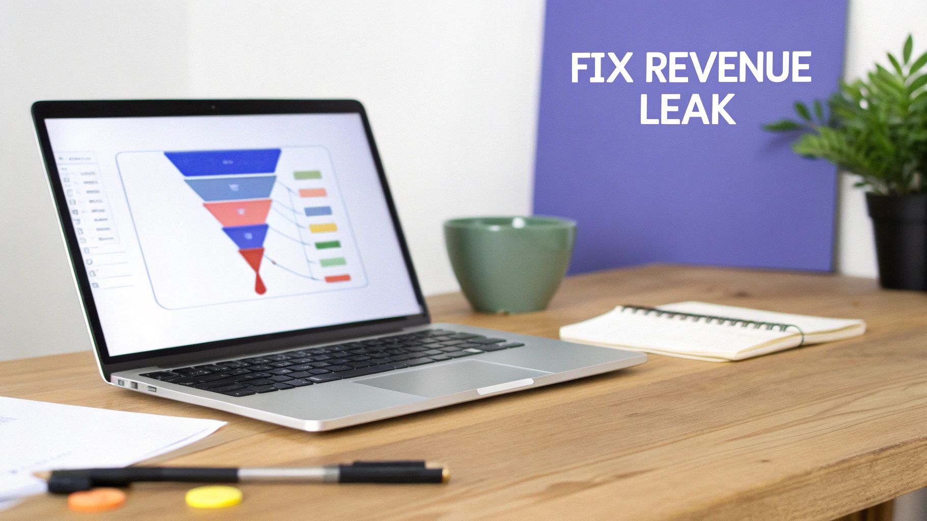 A laptop displays a sales funnel diagram illustrating a revenue leak, with 'FIX REVENUE LEAK' text on a purple background.