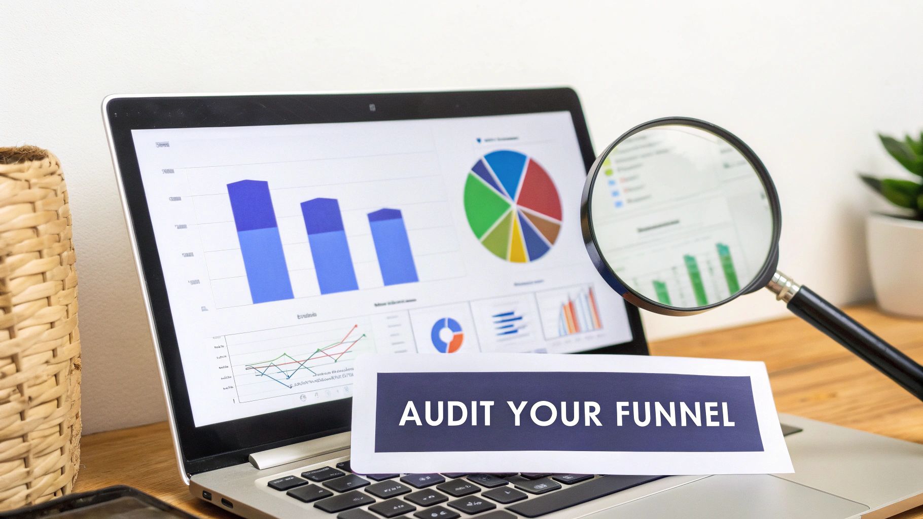Laptop displaying data analytics charts with a magnifying glass and 'AUDIT YOUR FUNNEL' text.