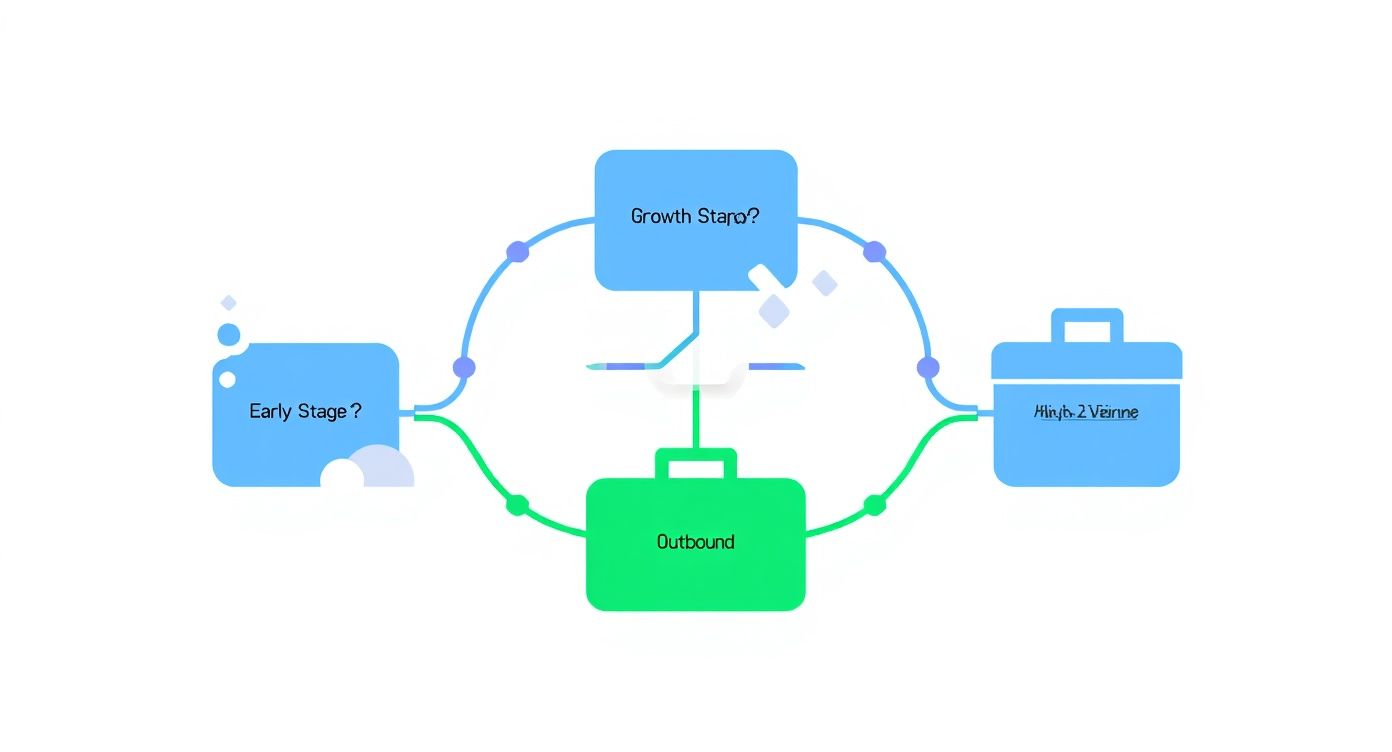 Infographic decision tree for choosing between inbound or outbound strategies based on growth stage and target accounts.