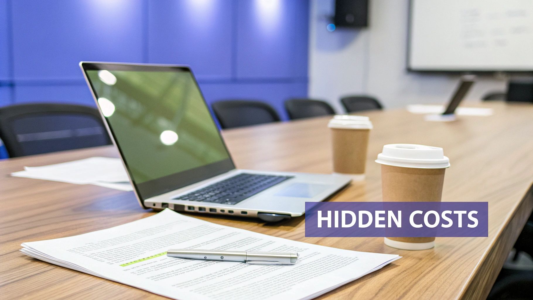A professional conference table with a laptop, documents, pen, and coffee cups, featuring a 'HIDDEN COSTS' overlay.