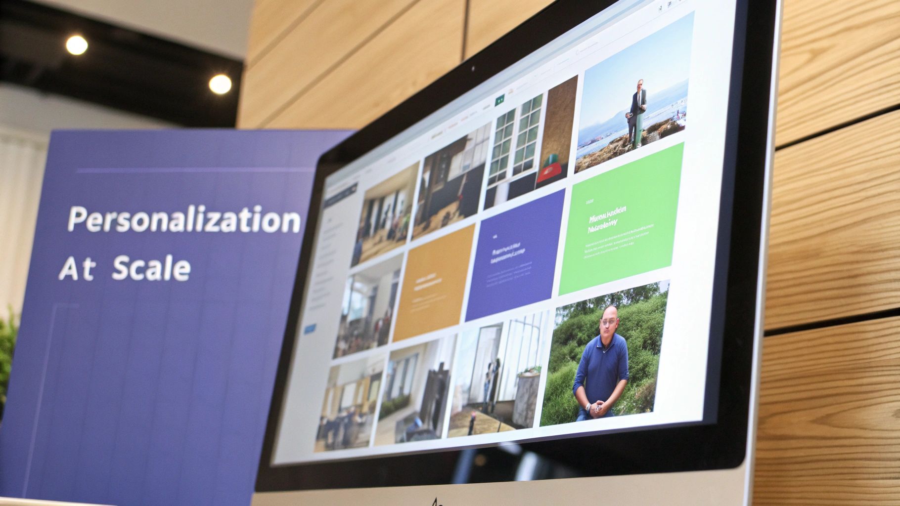 A computer screen displaying a content gallery is next to a sign for 'Personalization At Scale'.