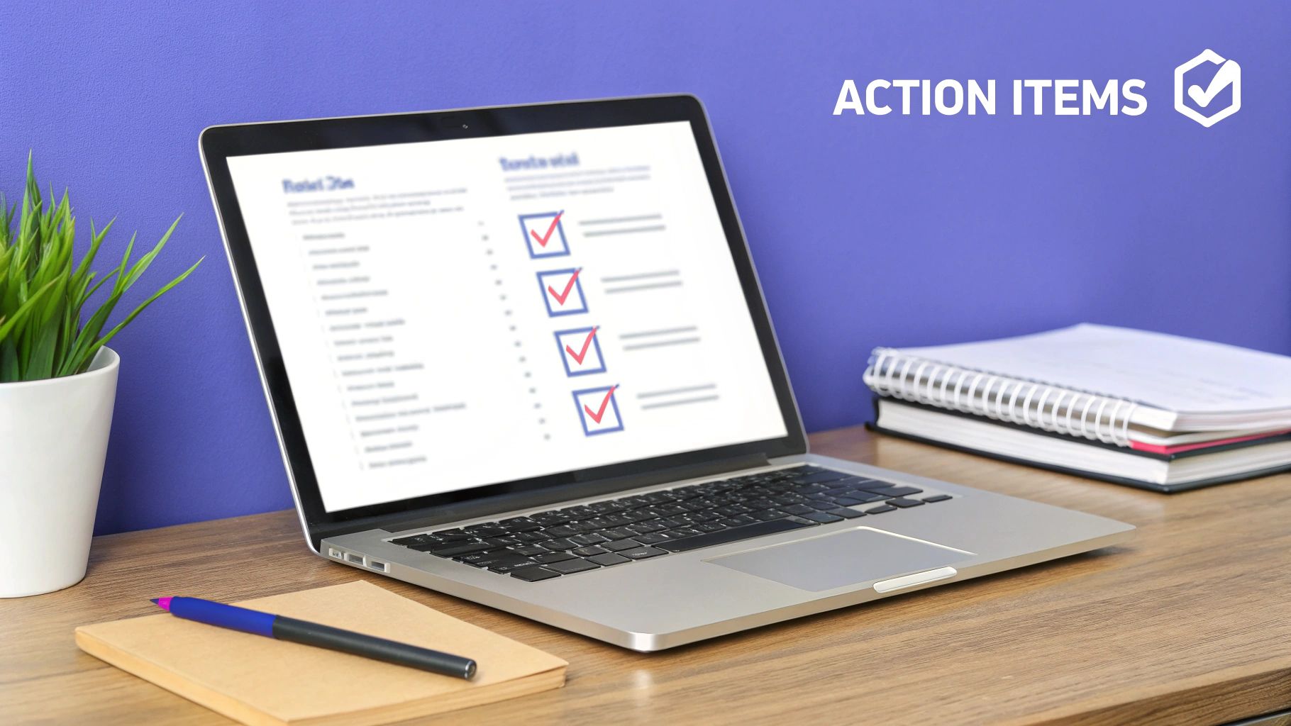 A laptop on a wooden desk displays a digital checklist with several checked action items. A plant, notebook, and pen are also on the desk.