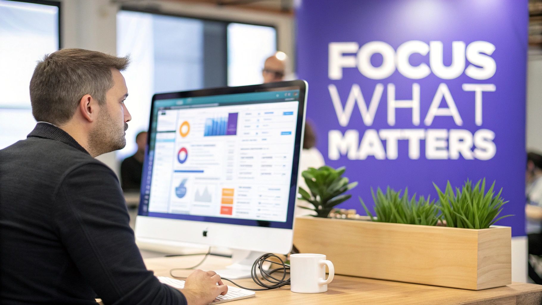 A man analyzing data on a computer in an office with a 'FOCUS WHAT MATTERS' sign.
