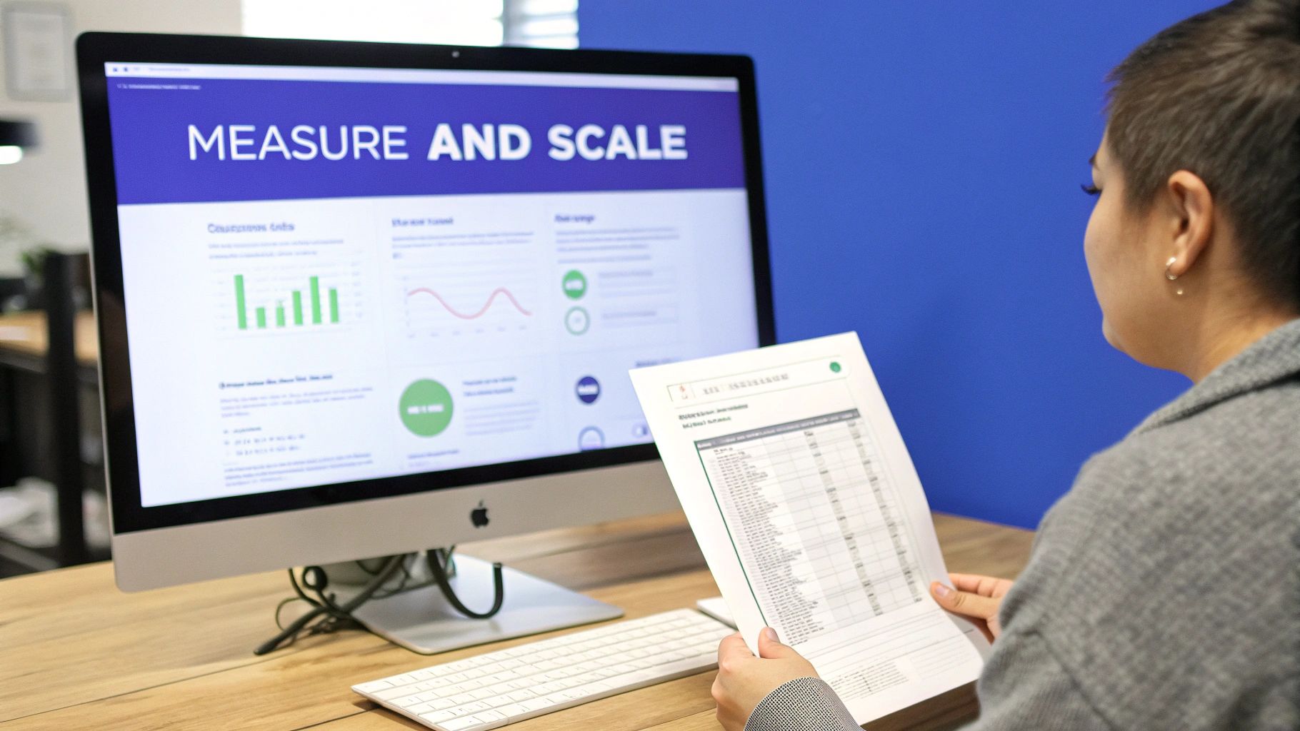 A RevOps professional analysing a workflow performance dashboard on a computer screen, showing various charts and metrics.
