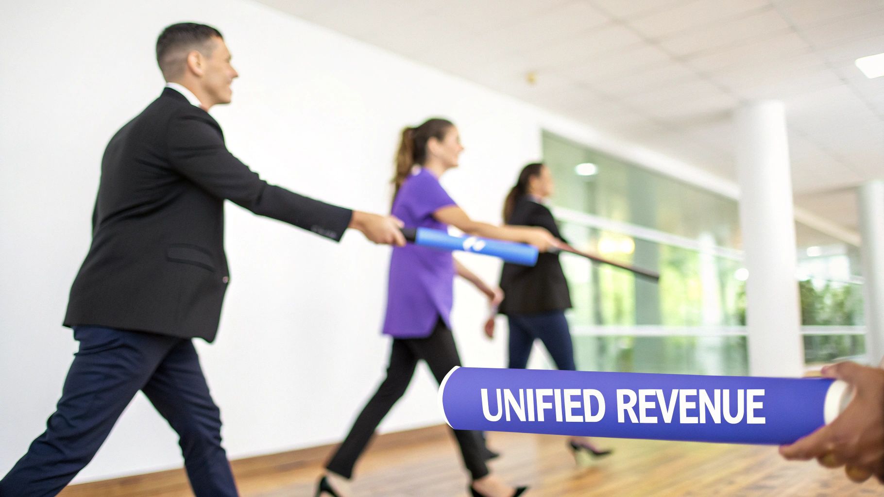 Business professionals pulling rope together symbolizing unified revenue alignment and team collaboration