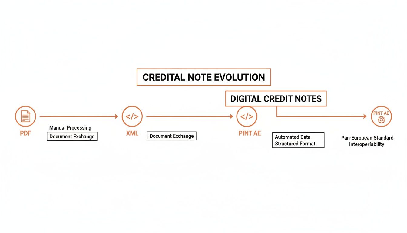 Diagram illustrating the evolution of credit notes from PDF and manual processing to XML, then to digital PINT AE with automated data and pan-European interoperability.